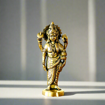 Product image of a Brass Dhanvantri Idol from Indian Impressions, showcasing Lord Dhanvantri in a standing posture holding sacred items. The idol is intricately crafted with fine details and features a polished brass finish, ideal for Vastu, spiritual practices, home décor, or gifting to promote health and well-being.