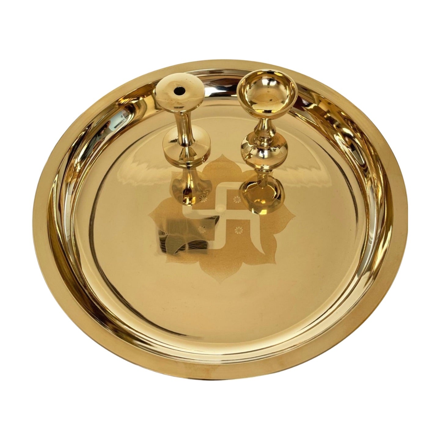 Product image of a Bronze Pooja Thali Set from Indian Impressions, featuring a beautifully handcrafted design. The set includes a thali, diya, incense holder, and small bowls, all crafted from polished bronze. Perfect for Vastu, spiritual rituals, home décor, or gifting, it adds a traditional and elegant touch to any sacred space.