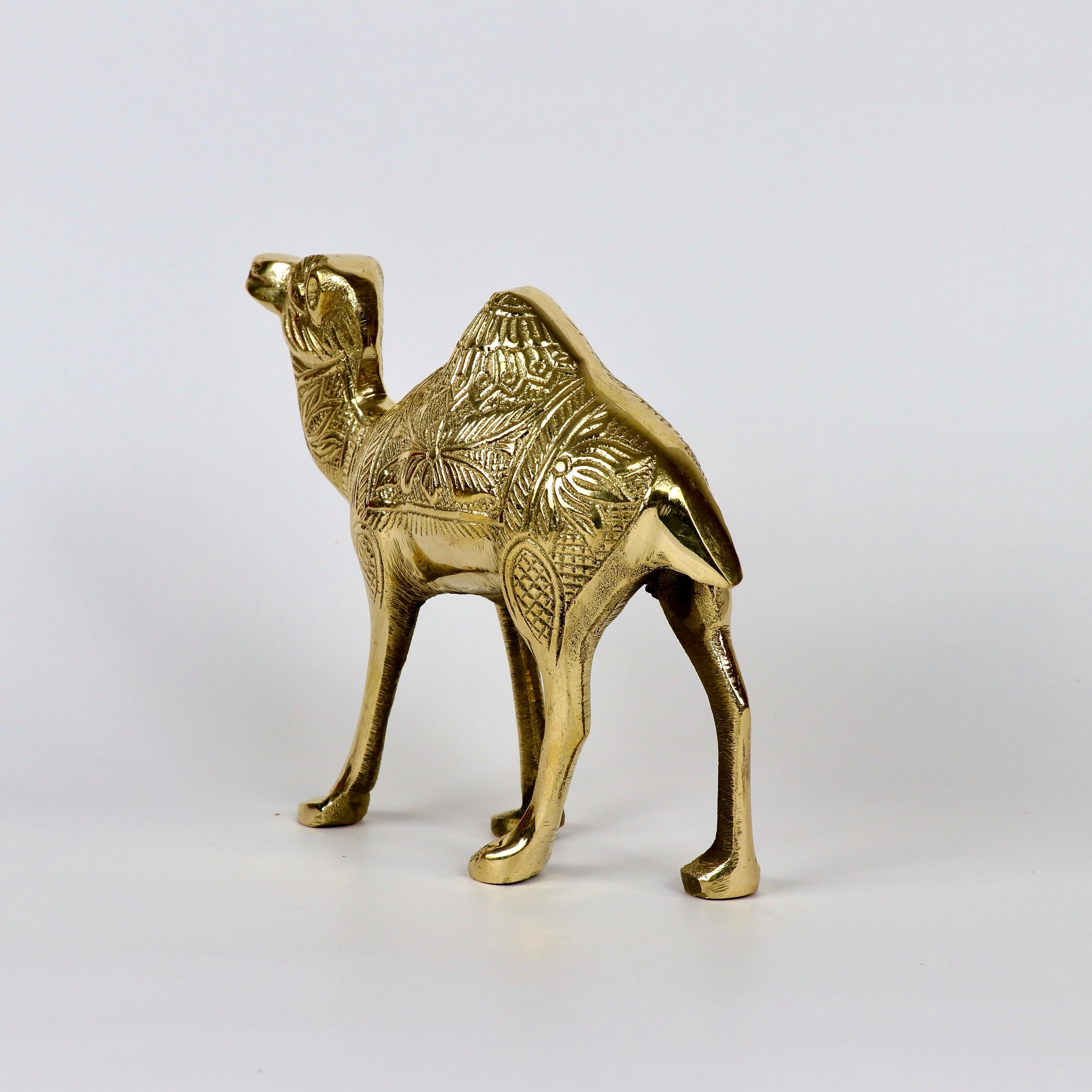 Product image of a Brass Camel figurine from Indian Impressions, intricately crafted with detailed features. The camel is depicted in a standing posture, symbolizing endurance and strength. Finished with a polished brass shine, this decorative piece is ideal for Vastu, home décor, or gifting.