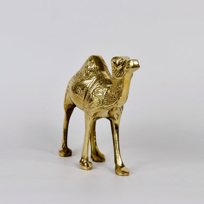 Product image of a Brass Camel figurine from Indian Impressions, intricately crafted with detailed features. The camel is depicted in a standing posture, symbolizing endurance and strength. Finished with a polished brass shine, this decorative piece is ideal for Vastu, home décor, or gifting.