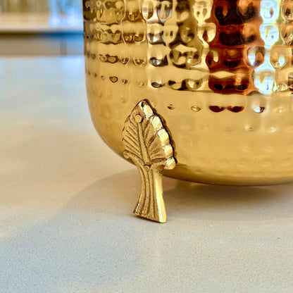 Product image of a Hammered Leaf Leg Planter in Gold from Indian Impressions, featuring a unique hammered texture and a leaf-patterned design. The planter comes with sturdy legs, crafted for elegance and stability. Ideal for enhancing Vastu energy, home décor, or gifting, this piece adds a modern yet traditional charm to any space.