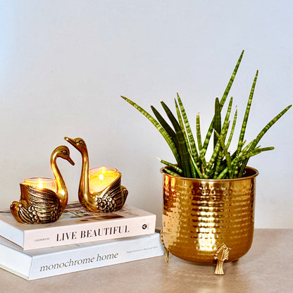 Product image of a Hammered Leaf Leg Planter in Gold from Indian Impressions, featuring a unique hammered texture and a leaf-patterned design. The planter comes with sturdy legs, crafted for elegance and stability. Ideal for enhancing Vastu energy, home décor, or gifting, this piece adds a modern yet traditional charm to any space.