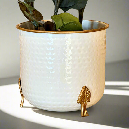 Product image of a Metal Hammered Gold Rim Leaf Leg Planter in White from Indian Impressions, featuring a sleek white body with a hammered texture and a gold rim for an elegant finish. Supported by sturdy leaf-patterned legs, this planter is ideal for enhancing Vastu energy, modern home décor, or gifting, adding sophistication to any space.