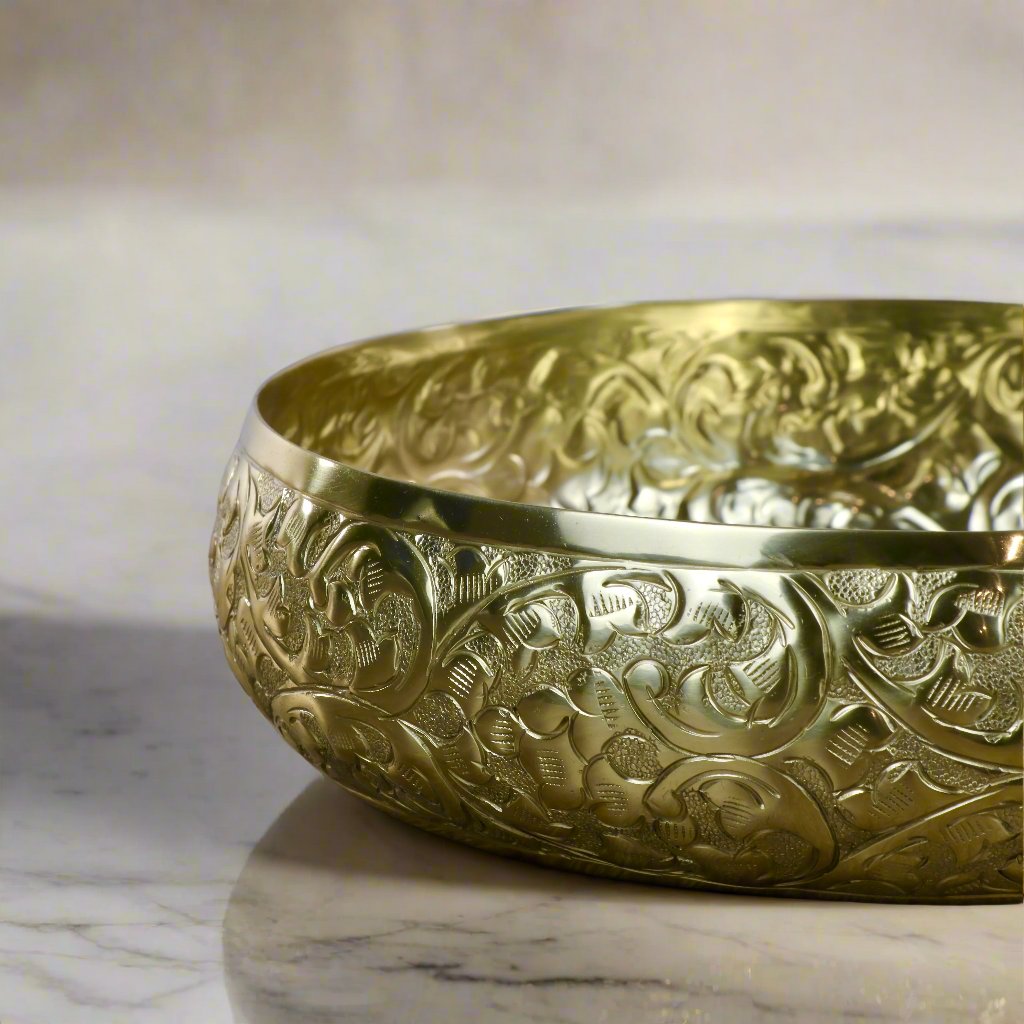 Product image of the Ketaki Chitai Urli from Indian Impressions, showcasing a beautifully handcrafted design with intricate detailing. Made from polished brass, this urli is perfect for Vastu, home décor, festive decorations, or gifting, adding an aura of elegance and traditional charm to any space.