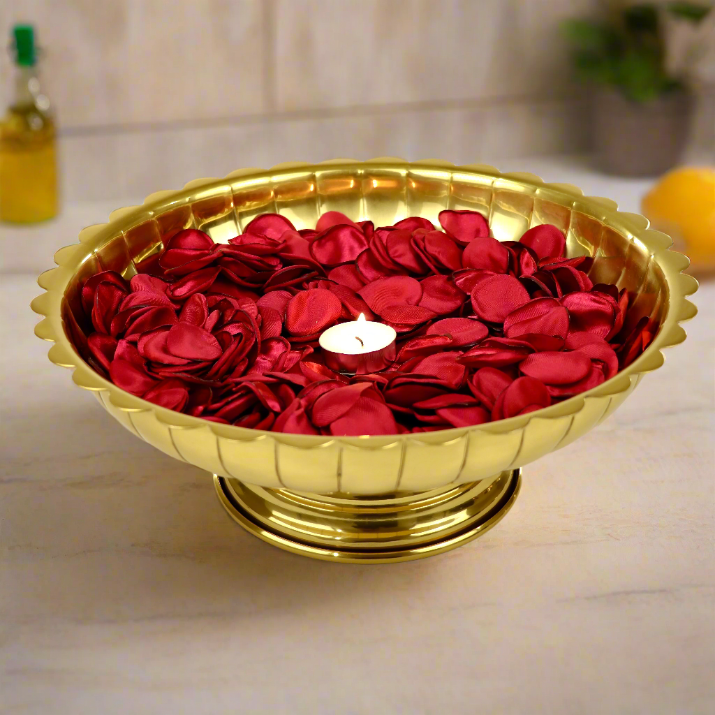 Product image of the Lotus Urli Gold from Indian Impressions, featuring a stunning lotus-inspired design with intricate detailing. Crafted with a polished gold finish, this urli is perfect for Vastu, home décor, festive decorations, or gifting, bringing elegance and positive energy to any space.