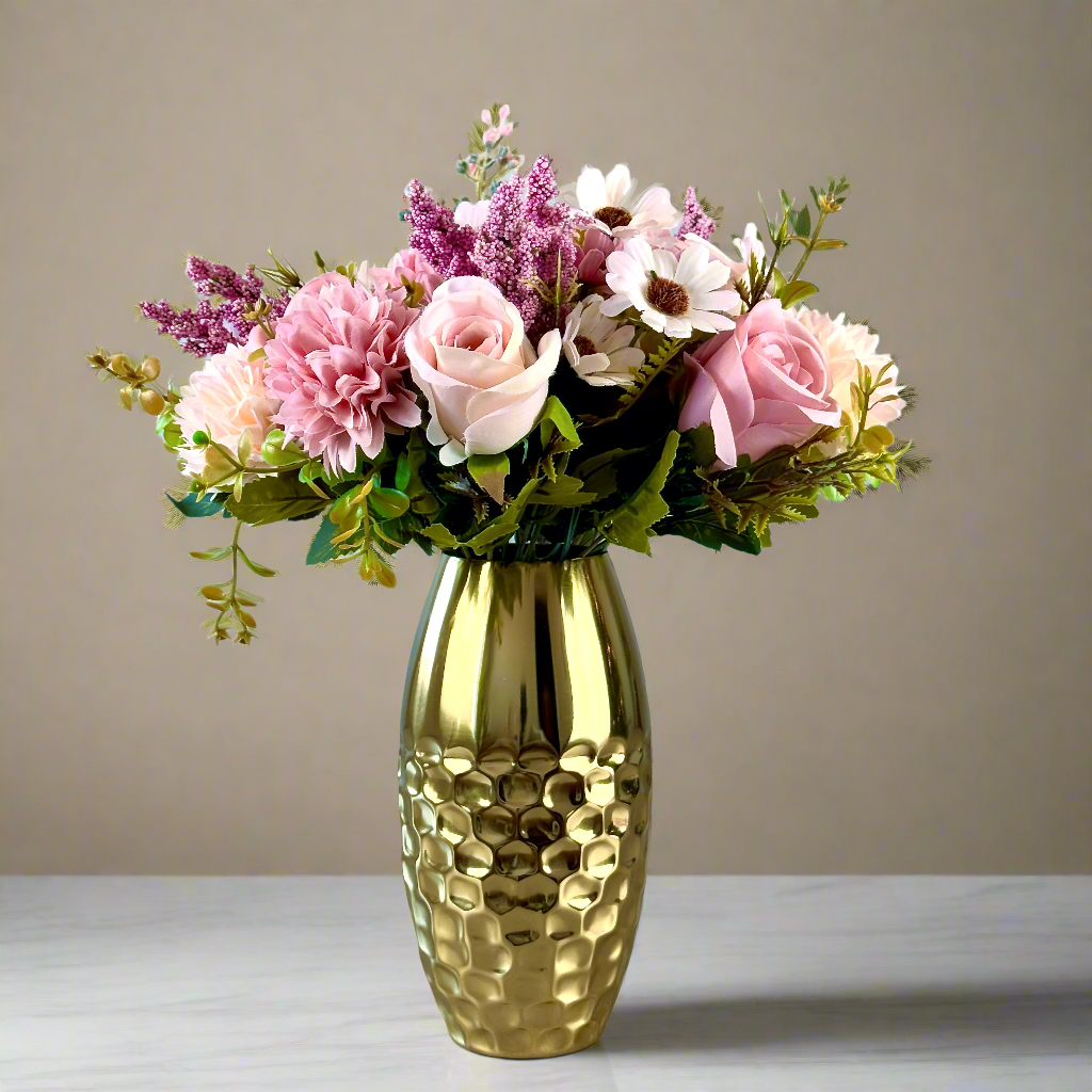 Product image of a Metal Gold Vase Big Hammered from Indian Impressions, featuring a sleek and modern design with a polished gold finish. Perfect as a standalone décor piece or for displaying flowers, this vase adds elegance and sophistication to any space. Ideal for Vastu, home décor, or gifting.