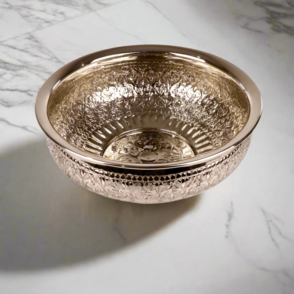 Product image of the Modini Chitai Urli Silver from Indian Impressions, showcasing an intricately handcrafted design with detailed patterns. Made with a polished silver-tone finish, this urli is perfect for Vastu, home décor, festive decorations, or gifting, bringing elegance and positive energy to any space.