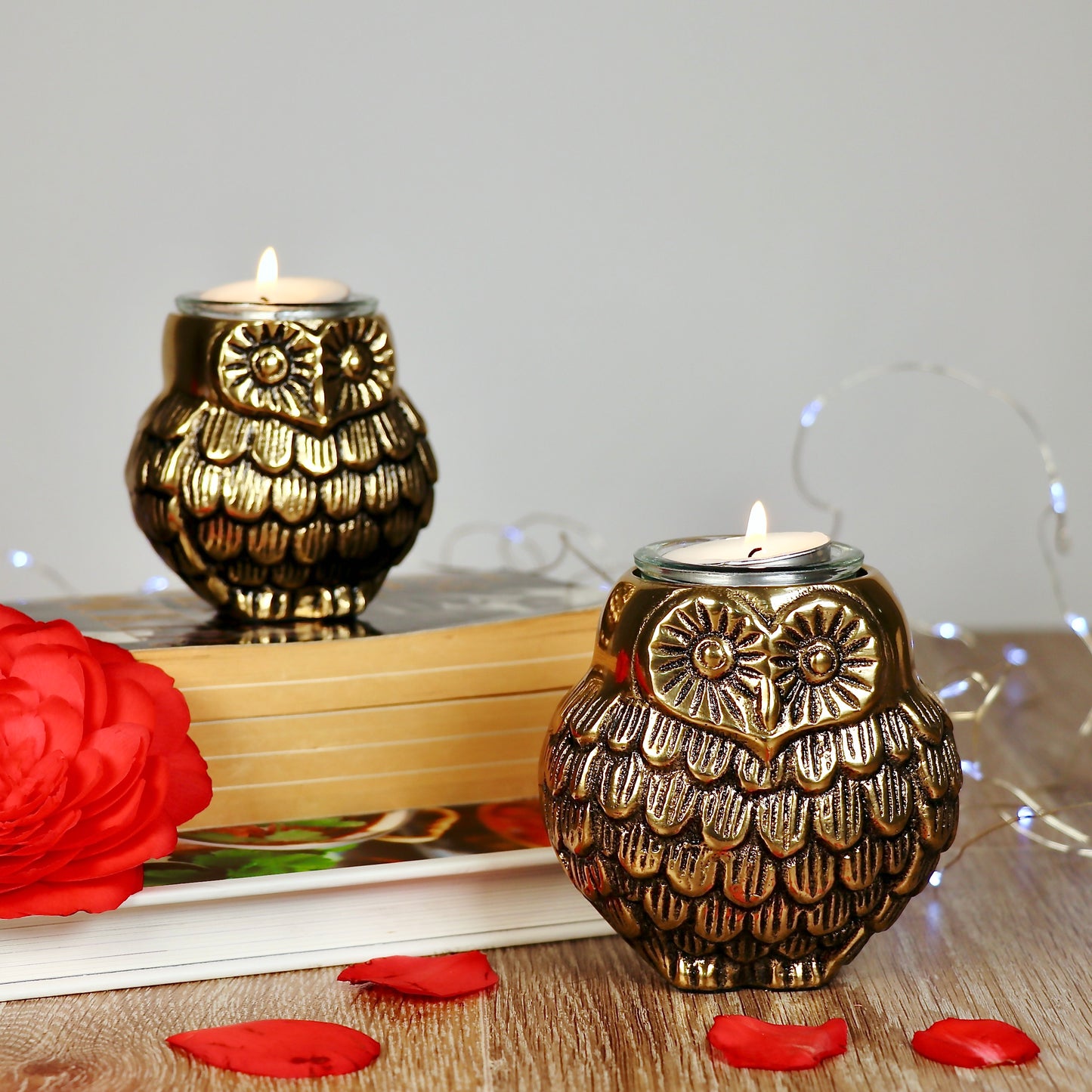 Product image of the Owl Figurine Pair Tea light Holder with Antique Brass Finish from Indian Impressions, featuring two intricately designed owl statues with detailed craftsmanship. Symbolizing wisdom and protection, these figurines are ideal for Vastu, home décor, or gifting, adding a touch of charm and positive energy to any space.