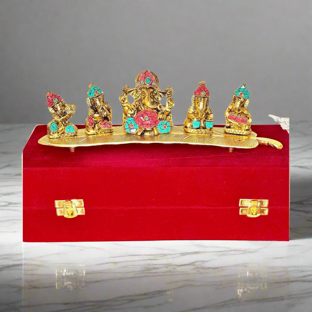 Product image of a Ganesha on Banana Leaf figurine from Indian Impressions, featuring Lord Ganesha seated on a beautifully detailed banana leaf. The idol is intricately crafted, symbolizing wisdom, prosperity, and new beginnings. Perfect for Vastu, spiritual practices, home décor, or gifting, it adds divine energy and elegance to any space.