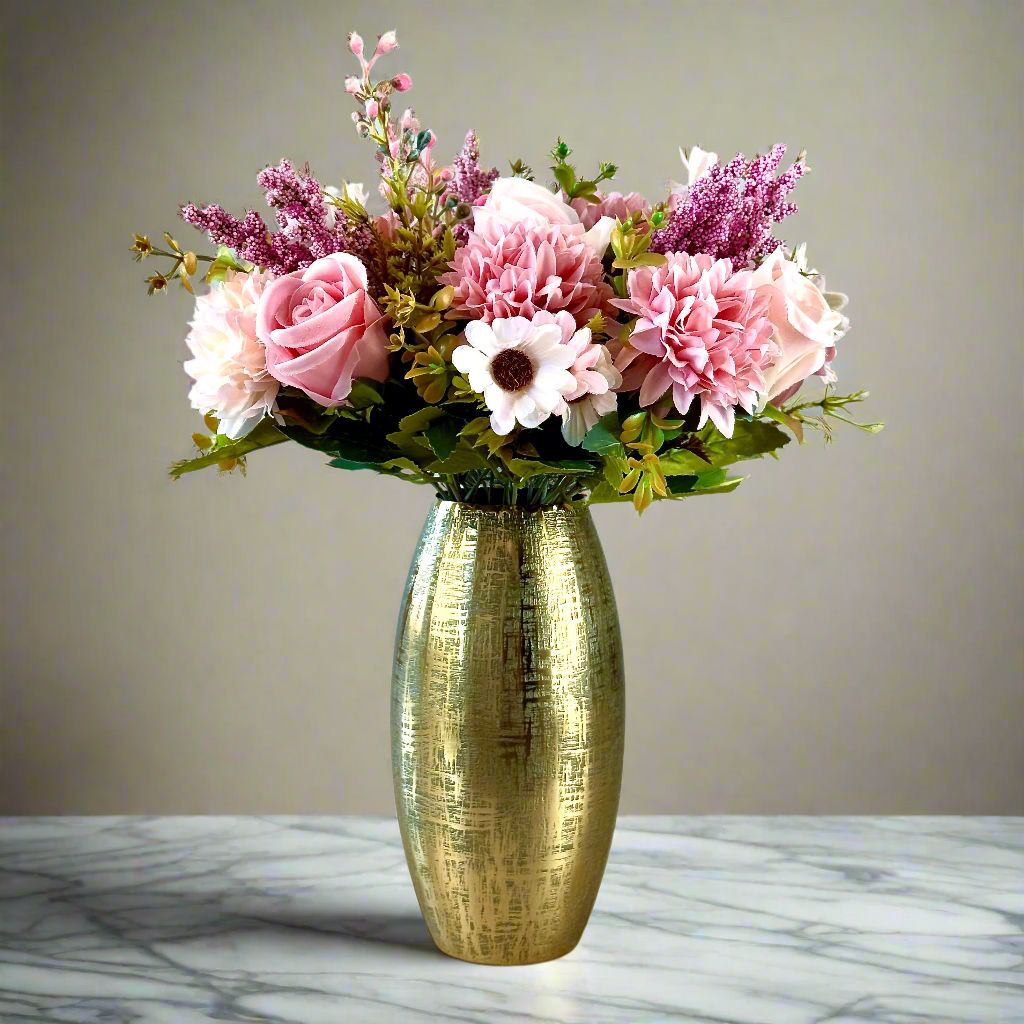 Product image of a Metal Gold Vase from Indian Impressions, featuring a sleek and modern design with a polished gold finish. Perfect as a standalone décor piece or for displaying flowers, this vase adds elegance and sophistication to any space. Ideal for Vastu, home décor, or gifting.