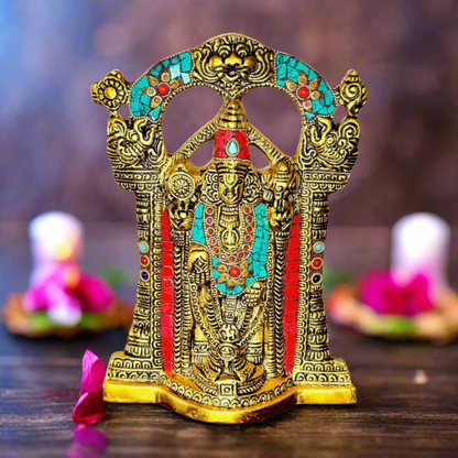 Product image of the Tirupati Balaji idol from Indian Impressions, featuring an intricately crafted figure of Lord Venkateshwara in traditional attire. Made from high-quality material with fine detailing, this idol is perfect for Vastu, spiritual practices, home décor, or gifting, bringing divine blessings and positive energy to any space.