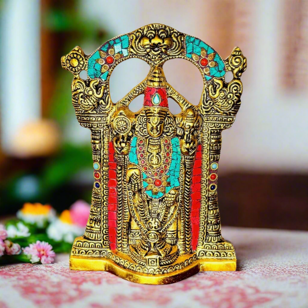 Product image of the Tirupati Balaji idol from Indian Impressions, featuring an intricately crafted figure of Lord Venkateshwara in traditional attire. Made from high-quality material with fine detailing, this idol is perfect for Vastu, spiritual practices, home décor, or gifting, bringing divine blessings and positive energy to any space.